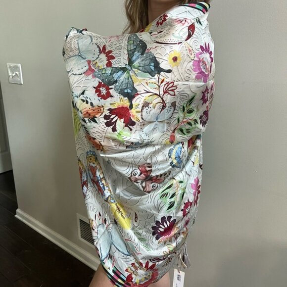 Johnny Was Mitchie Butterfly Silk Scarf Square Large Floral Tassels White NEW - Picture 7 of 7